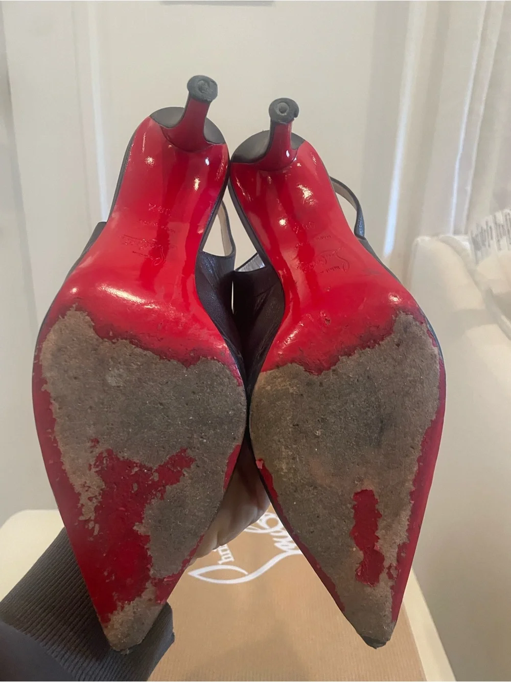 Christian Louboutin Black Pointed Slingback Pumps with Nude Interior